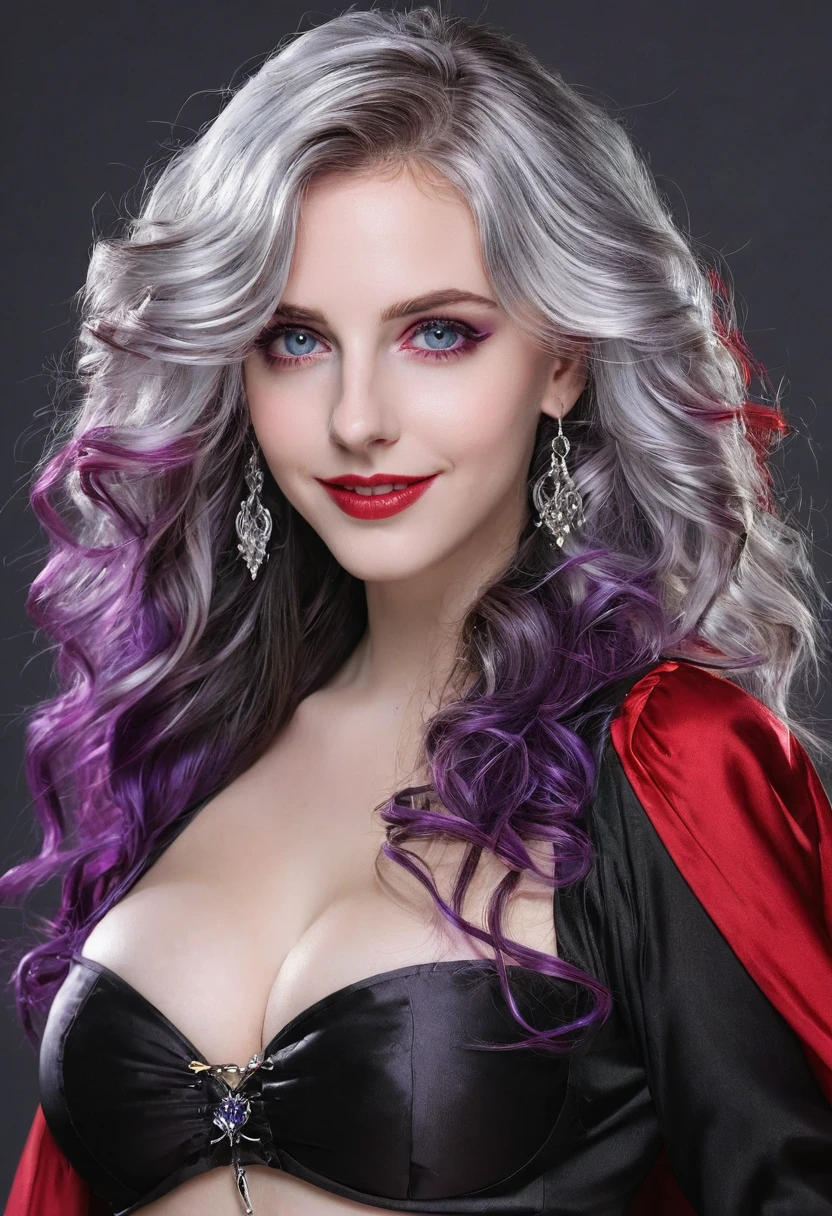 1 girl, 独奏, longye hair, silver hair, purples eyes, red and black outfit, wavy hair, gazing at viewer, slightly separated lips, anatomically correcte, facing the front, Grinning, American physical characteristics