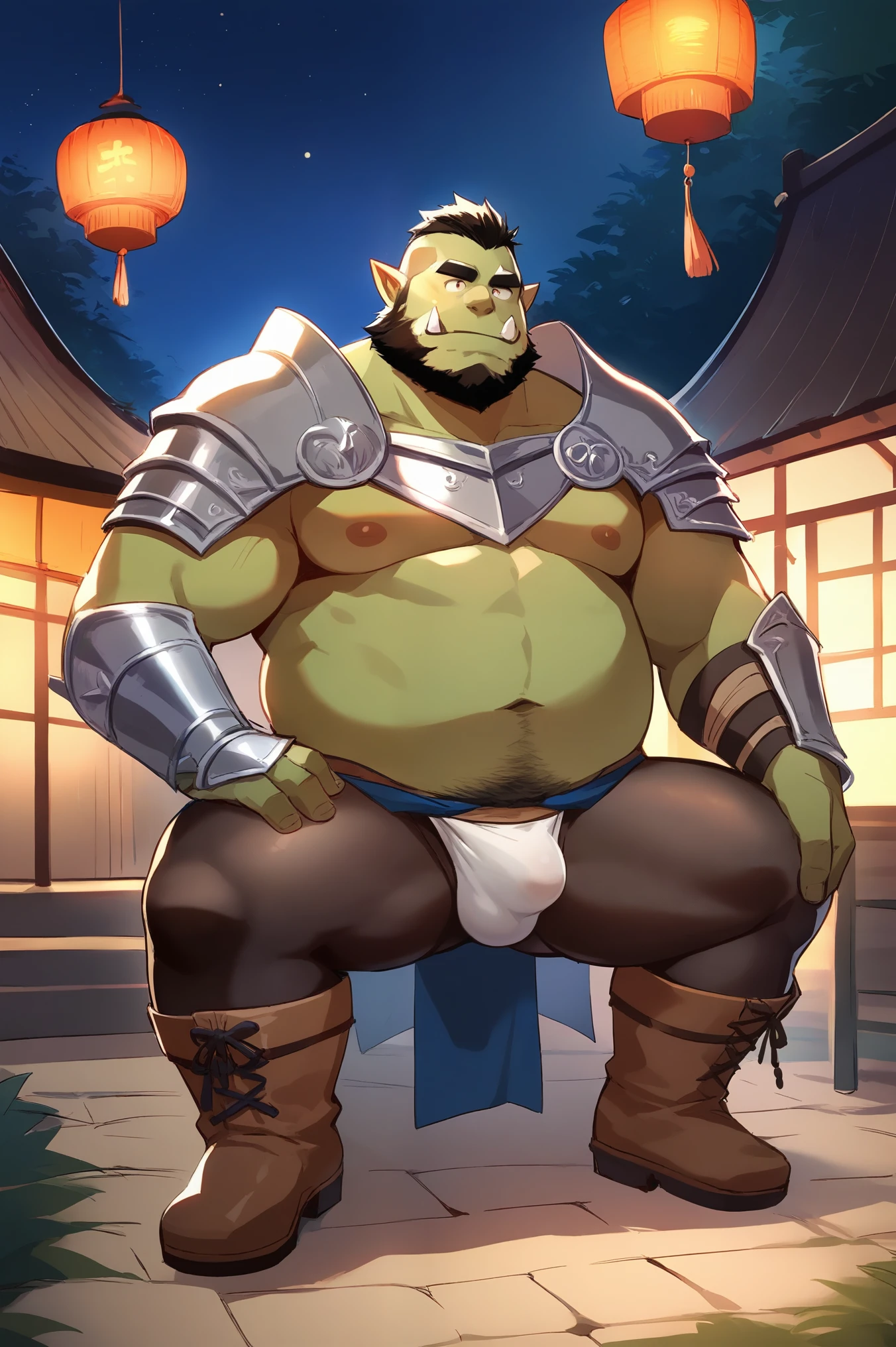 score_9, score_8_up, score_7_up, solo, male focus, chubby male, orc, green skin, tusks, beard, outdoors, micro armor , shoulder armor, breastplate, upper body, closed mouth , night, japanese festival , 祭り , (( micro Tights )) , bulge , full body , boots , laying spread legs , tear , ashamed face