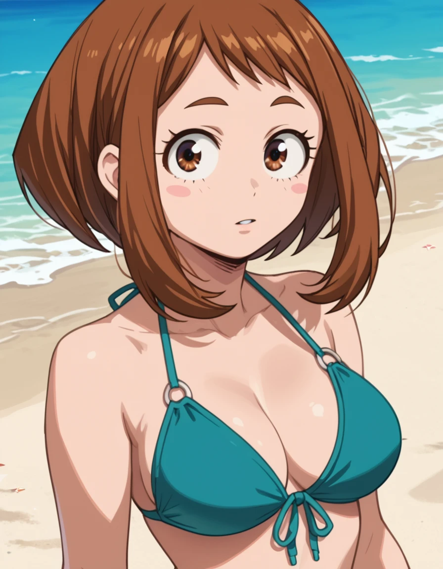 score_7_up, score_6_up, best quality, anime screencap, 1girl, Ochako Uraraka, brown hair, brown eyes, short hair, bikini, beach, upper body