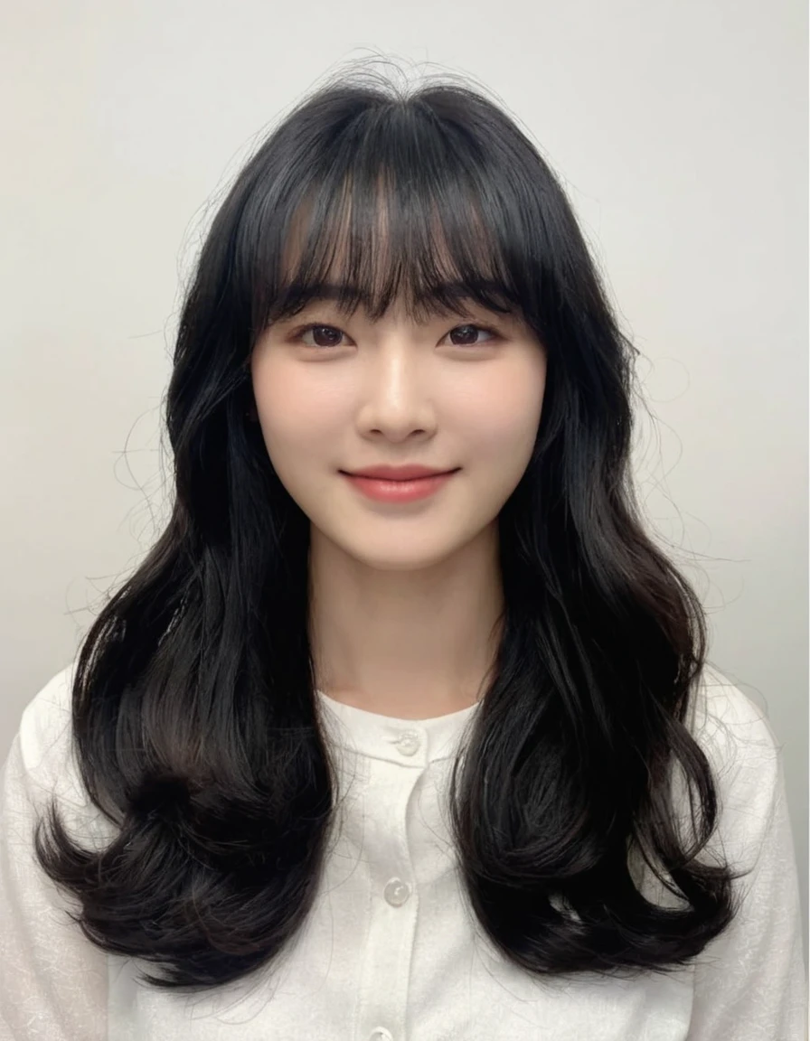 Best Quality, 8k, Masterpiece, (Portrait: 1.3), (photo realistic:1.4), (hyper realistic:1.4), Sharp Focus, looking at viewer, (smoother lighting:1.1), (increase cinematic lighting quality:0.9), realistic lighting, backlighting, light on face, ray trace, (brightening light:1.2), (Increase quality:1.4), sharp detail, (best quality real texture skin:1.4), finely detailed eyes, black_eyes, finely detailed face, 25 year old Korean woman, (white formal_shirt:1.4), (Create an image maintaining the original base model hairstyle:1.5)