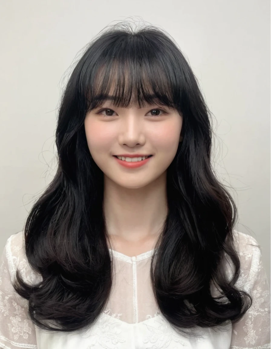 Best Quality, 8k, Masterpiece, (Portrait: 1.3), (photo realistic:1.4), (hyper realistic:1.4), Sharp Focus, looking at viewer, (smoother lighting:1.1), (increase cinematic lighting quality:0.9), realistic lighting, backlighting, light on face, ray trace, (brightening light:1.2), (Increase quality:1.4), sharp detail, (best quality real texture skin:1.4), finely detailed eyes, black_eyes, finely detailed face, 25 year old Korean woman, (white formal_shirt:1.4), (Create an image maintaining the original base model hairstyle:1.5)
