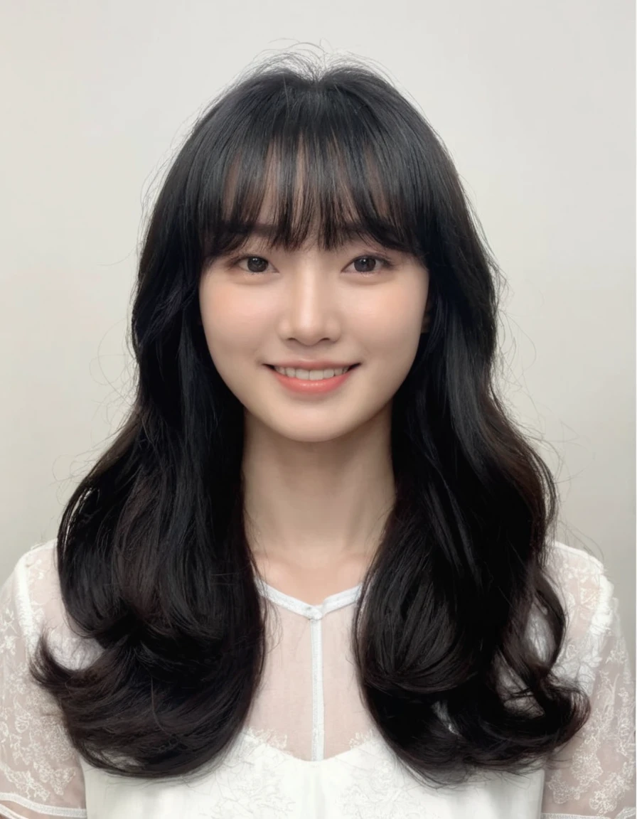 Best Quality, 8k, Masterpiece, (Portrait: 1.3), (photo realistic:1.4), (hyper realistic:1.4), Sharp Focus, looking at viewer, (smoother lighting:1.1), (increase cinematic lighting quality:0.9), realistic lighting, backlighting, light on face, ray trace, (brightening light:1.2), (Increase quality:1.4), sharp detail, (best quality real texture skin:1.4), finely detailed eyes, black_eyes, finely detailed face, 25 year old Korean woman, (white formal_shirt:1.4), (Create an image maintaining the original base model hairstyle:1.5)