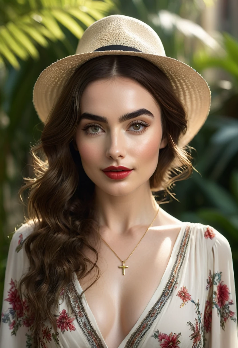 A beautful jewish women with a luscious thick bushy, course unibrow and cute nose. ultra Thick, coaurse, intense, curly, frizzy, long brown hair. Hair that clogs a drain after one shower. Hair you find on pillows and in corners of the room and in your refrigerator six months after the head from which it grew last visited. Hair that could not be straightened even if you had four hours and three hairdressers double-fisting blow driers. Hair that screams: Jew. Boho dress and hat, luxurious long dress、hat. curvy hourglass figure. Ultra HD, the symmetrical face, photorealistic photography, path tracing, specular lighting, and volumetric face light enhance the details. Epic lighting, striking silhouette. crucifix necklace. The symmetrical face, photorealistic photography, path tracing, specular lighting, and volumetric face light enhance the details. The scene is captured in maximum quality, masterpiece, 8K high resolution, and top quality. merge of Lilly Collins and Lilly James. sexy pose, intoxicating smile. crimson lips. in a garden, boho dress, bushy hair