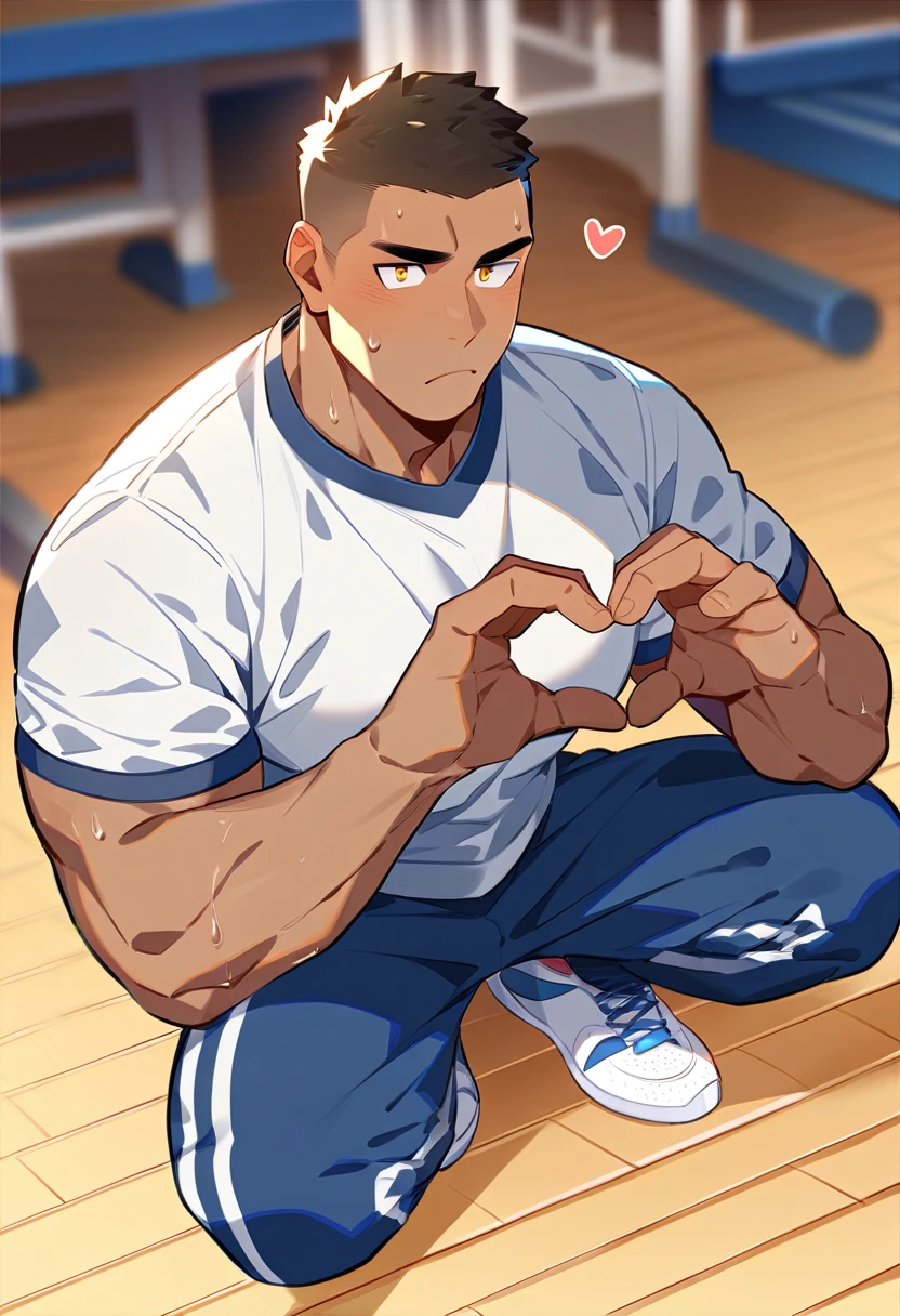 1boy, male focus, dark-skinned male, dark skin, squatting, heart hands, bara, wooden floor, floor, indoors, gym uniform, sneakers, shoes, solo, looking at viewer, frown, sweatdrop, very short hair, best quality, amazing quality, best aesthetic, absurdres, sweaty feet