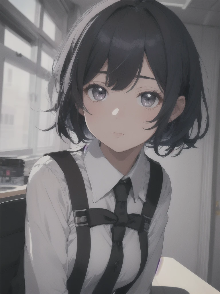 masterpiece, best quality, ultra-detailed, illustration, close-up, straight on, emotionless face, female, fluffy short dark blue hair, black eyes, fluffy short hair, wearing a office suit, a 22 years old girl, blank background, hide hands.