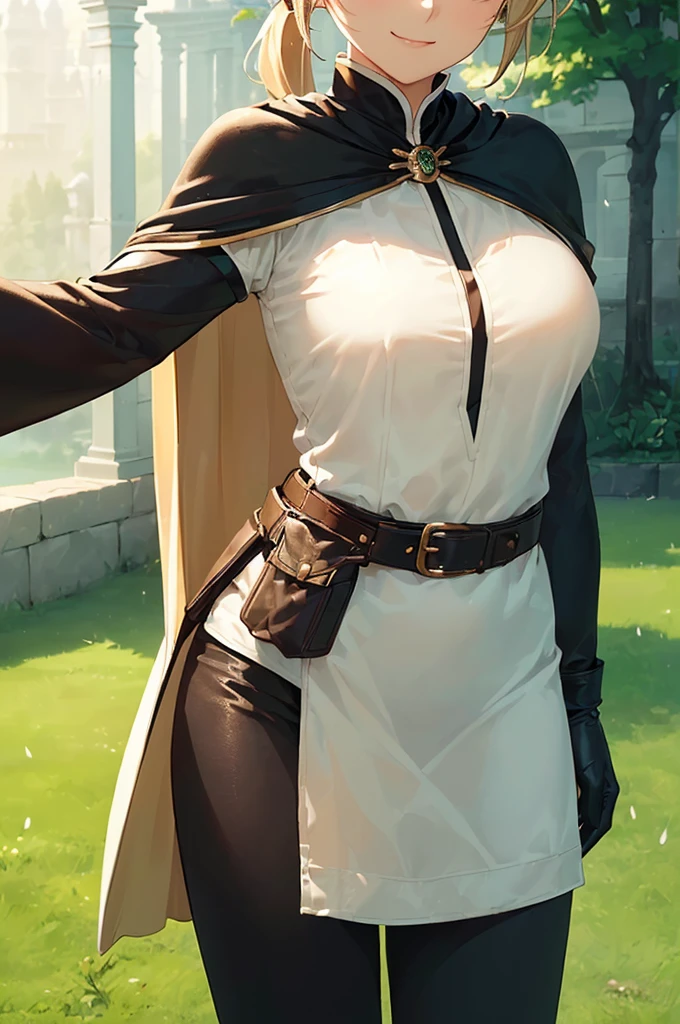 (((masterpiece; best quality: 1.2))), (finely detailed eyes: 1.3), (25 year old elf woman), (solo), (green eyes: 1.4), (body; buxom, fit, femenine: 1.3), (silky blonde hair in low ponytail: 1.3), (beautiful and clear background: 1.2), ((depth of field)), (equipment: adventurer attire + modest + long white tunic + black cape + black pants + gloves + belt + pouches: 1.3), (anime illustration: 1.2), (background composition; royal garden: 1.1), (extremely fine and beautiful: 1.1), (shot composition; standing + centered on torso + close-up: 1.5), (expression; calm, smile: 1.2)