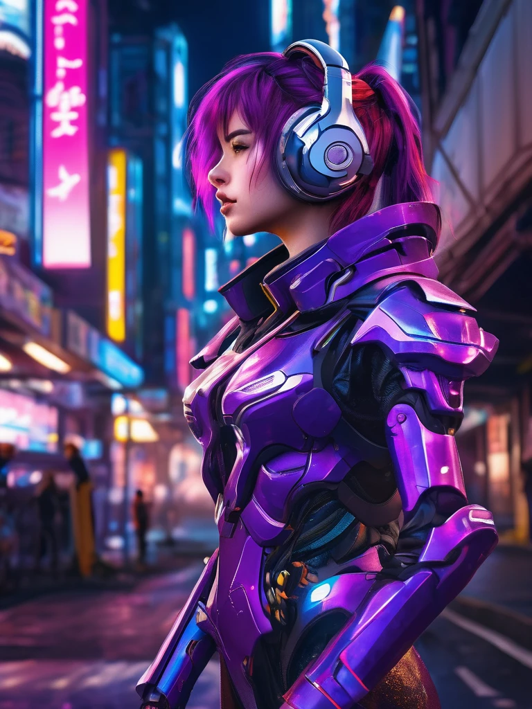 3/4 quarter view,medium shot angle,a mecha girl wearing intricate shiny purple mecha armour suit,communication headset,stand amidst the street of vibrant night of cyberpunk city,she is looking through the distance with a sad eyes,there a tear flow on her check