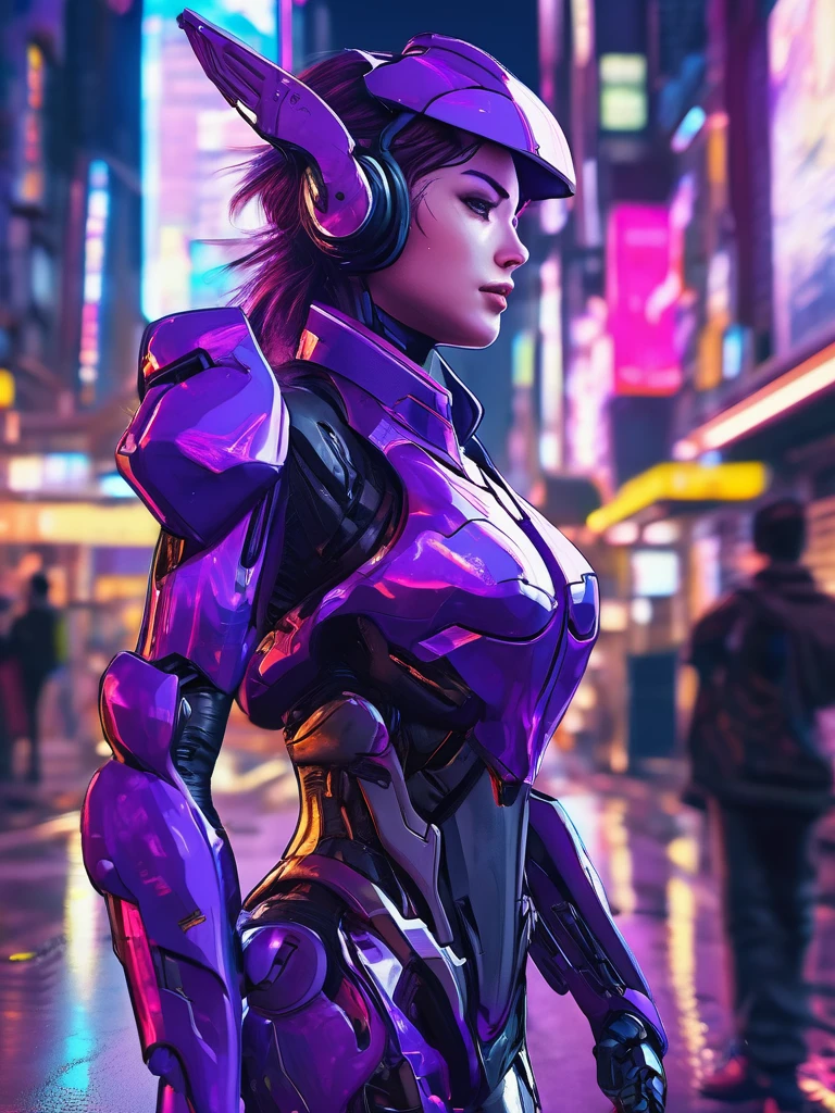 3/4 quarter view,medium shot angle,a mecha girl wearing intricate shiny purple mecha armour suit,communication headset,stand amidst the street of vibrant night of cyberpunk city,she is looking through the distance with a sad eyes,there a tear flow on her check