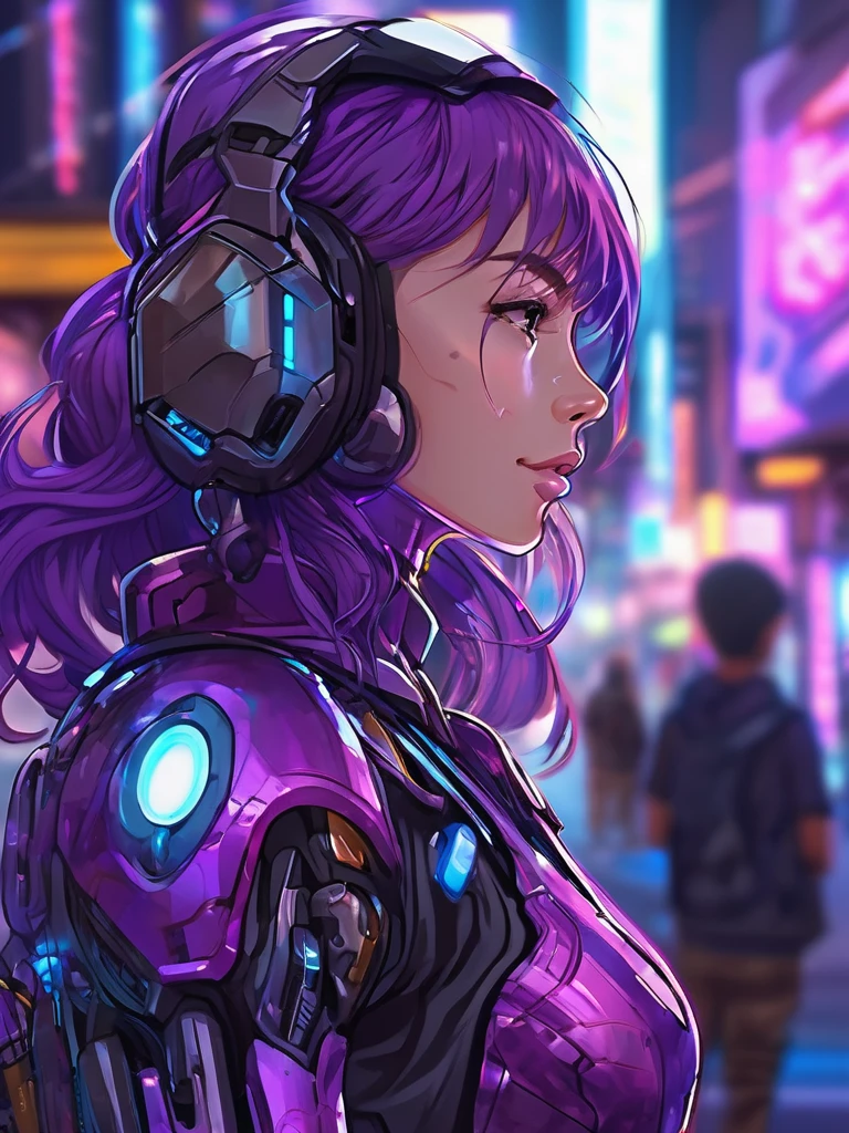 3/4 quarter view,medium shot angle,a mecha girl wearing intricate shiny purple mecha armour suit,communication headset,stand amidst the street of vibrant night of cyberpunk city,she is looking through the distance with a sad eyes,there a tear flow on her check