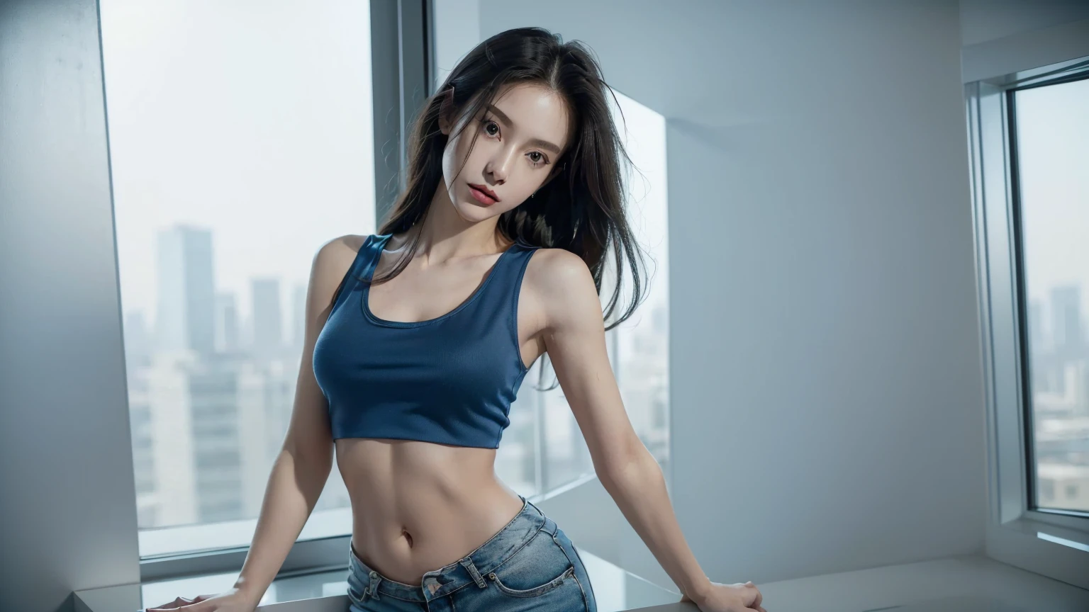 ((((8k))), ((CG Very detailed)), (Wallpaper), 16k, ((Very refined and beautiful.)), (((Masterpiece))), (((high resolutionเป็นพิเศษ))), Lights up beautifully, perfect lightning, realistic shading, ((high resolution)), (Flawless smooth skin:1.5), (Very exquisite facial details:1.2), (perfect body:1.2), (Very detailed), (A woman stands by the window in a penthouse room.), (The penthouse room has large mirror walls.), (Scenery of tall buildings), ((thin, thin)), (blue tank top:1.2), (crop top), (small breasts:1.2), (navel), (shorts), (Slender legs),