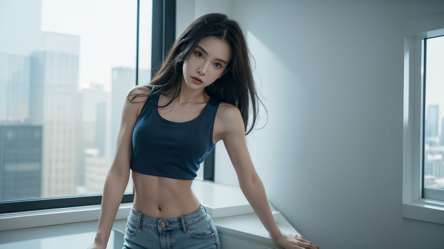 ((((8k))), ((CG Very detailed)), (Wallpaper), 16k, ((Very refined and beautiful.)), (((Masterpiece))), (((high resolutionเป็นพิเศษ))), Lights up beautifully, perfect lightning, realistic shading, ((high resolution)), (Flawless smooth skin:1.5), (Very exquisite facial details:1.2), (perfect body:1.2), (Very detailed), (A woman stands by the window in a penthouse room.), (The penthouse room has large mirror walls.), (Scenery of tall buildings), ((thin, thin)), (blue tank top:1.2), (crop top), (small breasts:1.2), (navel), (shorts), (Slender legs),