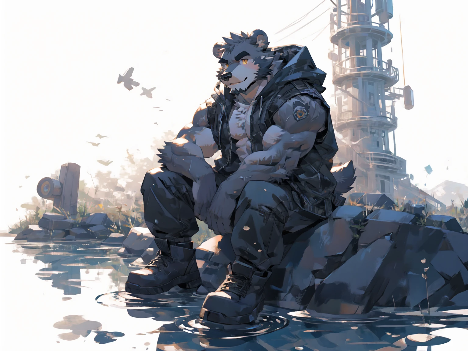(masterpiece:1.2), best quality,pixiv,official art,perfect anatomy, (Ray tracing, light),solo, (1_male:1.3) , (muscle), (grey fur:1.4), (muscle bear), (beard:1.2), (gleaming golden eyes), bear tail, full body, Thick black eyebrows, (open short hoodie), (naked inside),Ripped short jeans, black short boots, (pure white background: 1.3), (on the water surface:1.3), (Salar de Uyuni:1.3), Reflection, reflect sky, wide