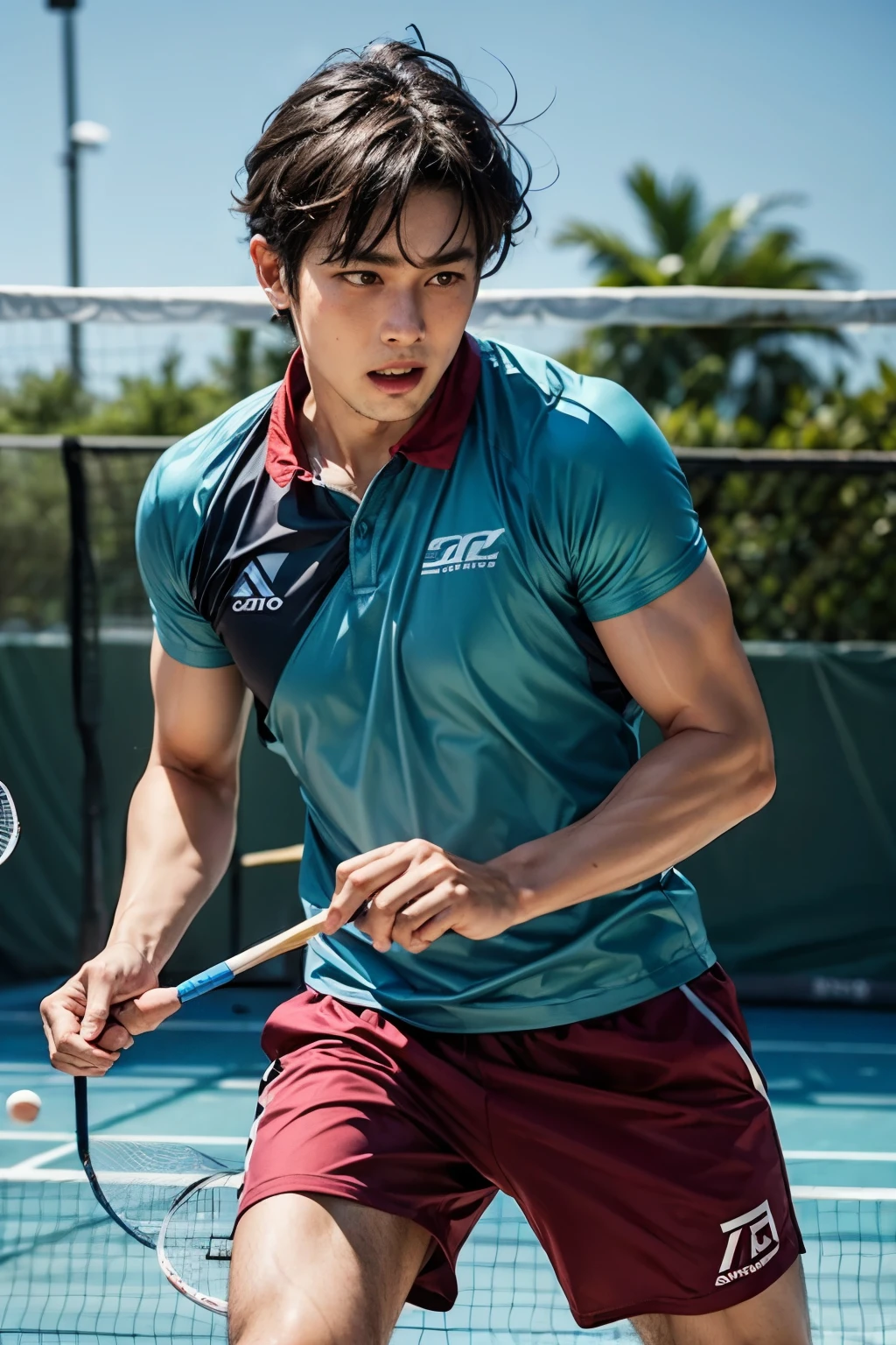 An adult man playing badminton