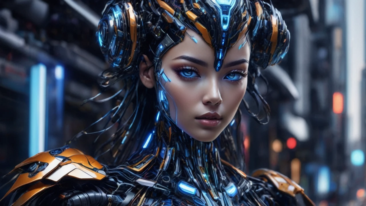 ```
Single advanced, near-future female cyborg in full-body portrait.
16:9 aspect ratio, landscape orientation.
Entire figure fully visible from head to toe, no cropping.
Centered in frame with ample space around the figure.
Full-length stance, facing towards the camera and light source.
Illuminated from the front, creating a dramatic silhouette.
Blend of human beauty and cutting-edge technology.
Face with subtle cybernetic enhancements:
- Luminescent eyes with holographic irises
- Fine, almost invisible seams along cheekbones and jaw
Human-like hair with iridescent, color-shifting strands.
Smooth skin with a faint, pearlescent glow.
Form-fitting, translucent body suit revealing:
- Sleek muscle-like cybernetic structures beneath
- Soft blue energy lines tracing major body contours
Graceful limbs with seamlessly integrated tech components.
Hands and feet with delicate, highly articulated digits.
Subtle holographic aura shimmering around the body.
Pose balancing human grace with technological precision.
Expressive face conveying warmth and intelligence.
Wide, panoramic background suggesting a high-tech, minimalist environment.
Lighting accentuating both organic curves and synthetic elements.
Overall aesthetic: alluring, futuristic, and subtly sensual.
```