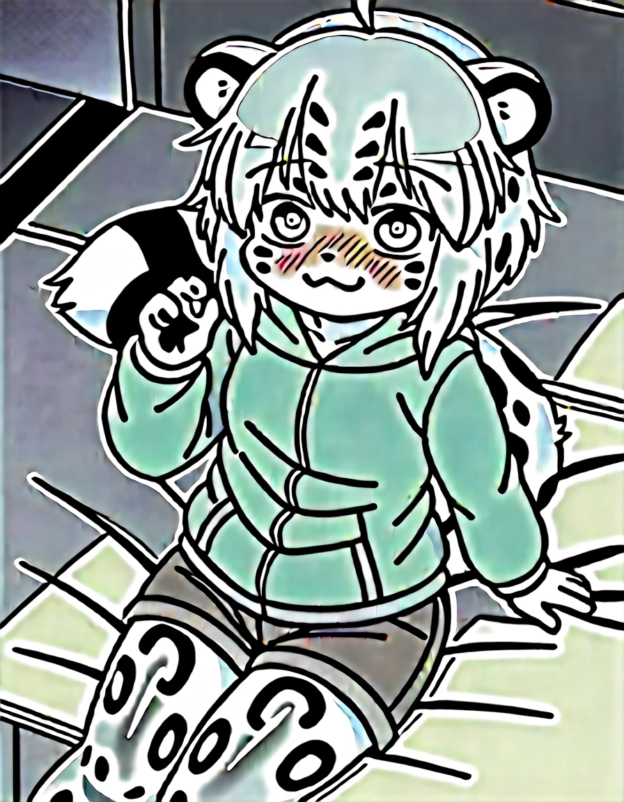 solo, 1girl, female, dagasi_style, cheetah white skin,, furry, kemono, anthro, cute face, young, white hair, blue eyes, fluffy body, body fur, short hair, ahoge, bangs, animal ears, tail, leopard ears, leopard tail, detailed eyes, brilliant eyes, 4 fingers, pawpads, perfect anatomy, detailed skin, detailed eyes, detailed lips, perfect hands, perfect face, happy, :D, BREAK black shorts, short shorts, hoodie, hood, BREAK seated on bed, bed, bedroom, blue room, looking at viewer, indoors, colorful, dutch angle, BREAK ((ultra-detailed)), ((best quality)), ((best quality)), ((beautiful eyes)), ((extremely detailed)), 4K, (8K), best quality, (beautiful), Master piece, highres, score_9, score_8_up, score_7_up, score_6_up, colorful, best quality, official art, highres, masterpiece, nai3, god light, detailed background, high quality background,AddXL