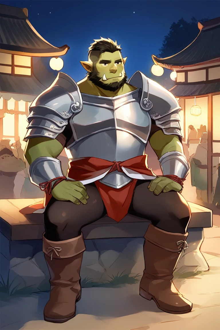 score_9, score_8_up, score_7_up, solo, male focus, chubby male, orc, green skin, tusks, beard, outdoors, micro armor , shoulder armor, breastplate, upper body, closed mouth , night, japanese festival , 祭り , (( Tights )) , , full body , boots , laying spread legs , tear , ashamed face