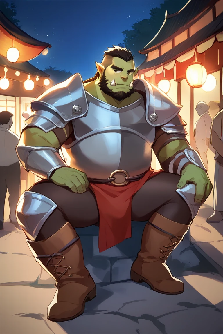score_9, score_8_up, score_7_up, solo, male focus, chubby male, orc, green skin, tusks, beard, outdoors, micro armor , shoulder armor, breastplate, upper body, closed mouth , night, japanese festival , 祭り , (( Tights )) , , full body , boots , laying spread legs , tear , ashamed face