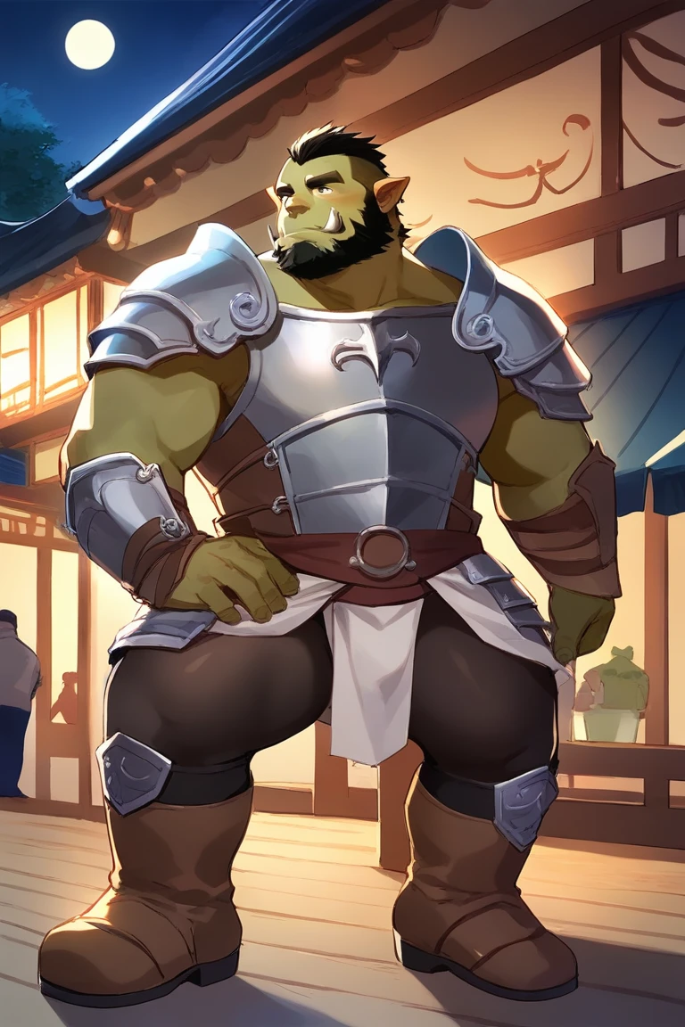 score_9, score_8_up, score_7_up, solo, male focus, chubby male, orc, green skin, tusks, beard, outdoors, micro armor , shoulder armor, breastplate, upper body, closed mouth , night, japanese festival , 祭り , (( Tights )) , , full body , boots , laying spread legs , tear , ashamed face
