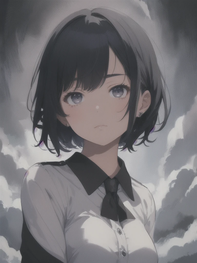 masterpiece, best quality, ultra-detailed, illustration, close-up, straight on, emotionless face, female, fluffy short dark blue hair, black eyes, fluffy short hair, wearing a office suit, a 22 years old girl, blank background, hide hands.