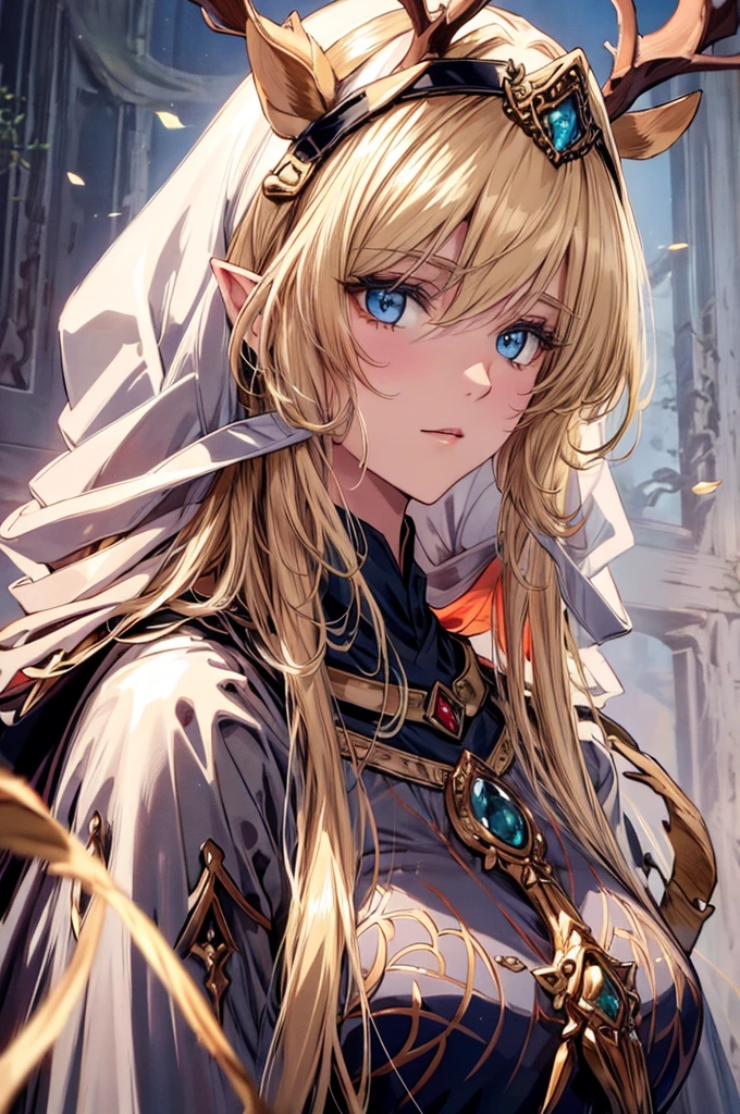 (Best quality at best, 4K, 8K, A high resolution, tmasterpiece:1.2),elf, ultra - detailed, Noble maiden, exquisite facial features，Long white hair details expressed, eyes blue, Beautiful posture, Fantastical Atmosphere, expressive brush strokes, mystical ambiance, Artistic interpretation,Delicate curls，Detailed floral jewelry, Crystal diamond jewelry，Small fresh aesthetics，Stunning intricate costumes, Fantasy illustration, Subtle colors and tones, The details have been upgraded