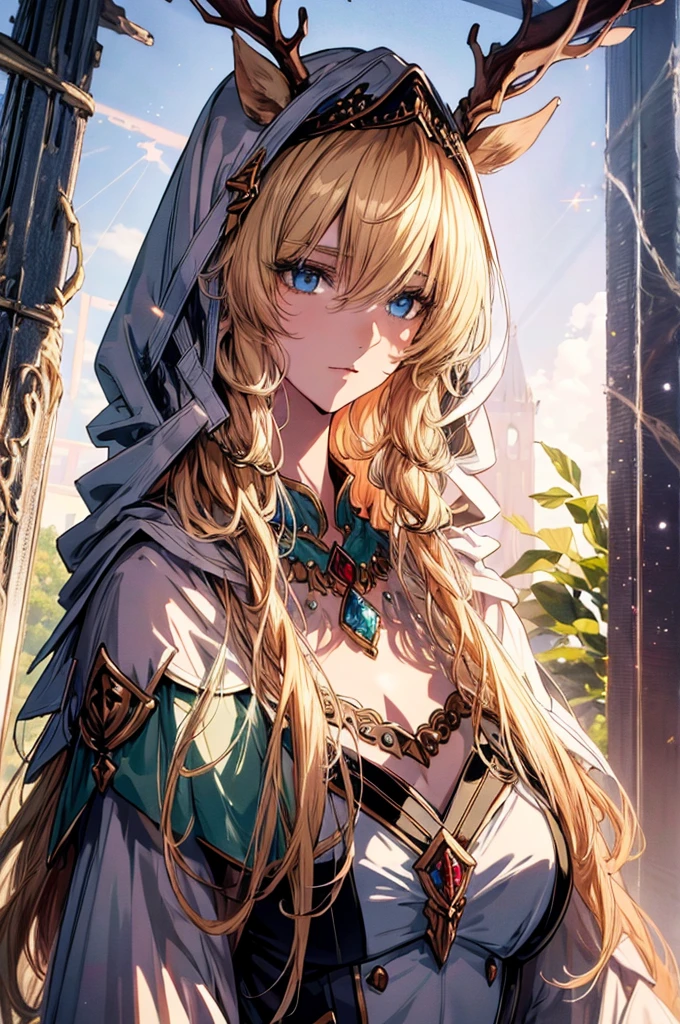 (Best quality at best, 4K, 8K, A high resolution, tmasterpiece:1.2),elf, ultra - detailed, Noble maiden, exquisite facial features，Long white hair details expressed, eyes blue, Beautiful posture, Fantastical Atmosphere, expressive brush strokes, mystical ambiance, Artistic interpretation,Delicate curls，Detailed floral jewelry, Crystal diamond jewelry，Small fresh aesthetics，Stunning intricate costumes, Fantasy illustration, Subtle colors and tones, The details have been upgraded