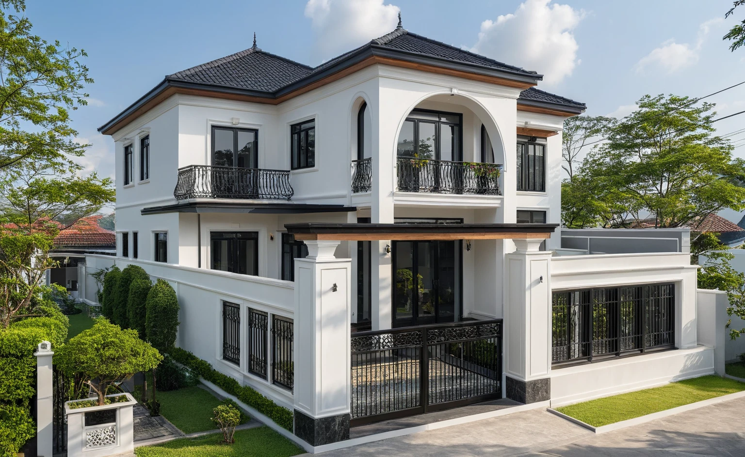 (masterpiece:1.2), best quality, photo of A two-story modern house in VietNam with white walls and dark tiles on the roof., tree and plant environment,black detail and (wooden ceiling:1.2), daylight, streetcapes, natural light, vivid color, The exterior of an elegant single family home features large windows, a dark gray door frame.