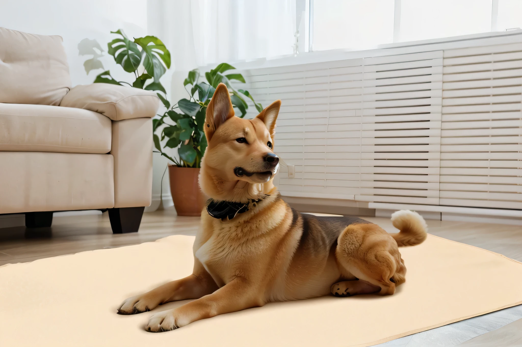 There is a dog lying on the pee mat in the living room, soft - warm, A handsome, amber,Beige changing pad warm, Warm Lyrics, s, A calm mood, Warm features, Designed for comfort and aesthetics!, , Shiba Inu, Panorama, Wide and high angle views, animal, Super smart