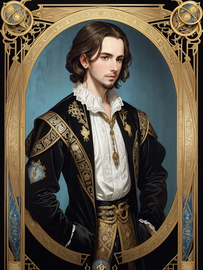 Portrait of Christopher Marlowe, white skin, piercing icy blue eyes, silky golden-brown hair, refined features, charp jawline, clean shaved, black Elizabethan era velvet jerkin, Shakespearen black velvet doublet, embroidered with gold, white laced shirt, Art Nouveau style, Mucha style, Mucha background, realism, high quality