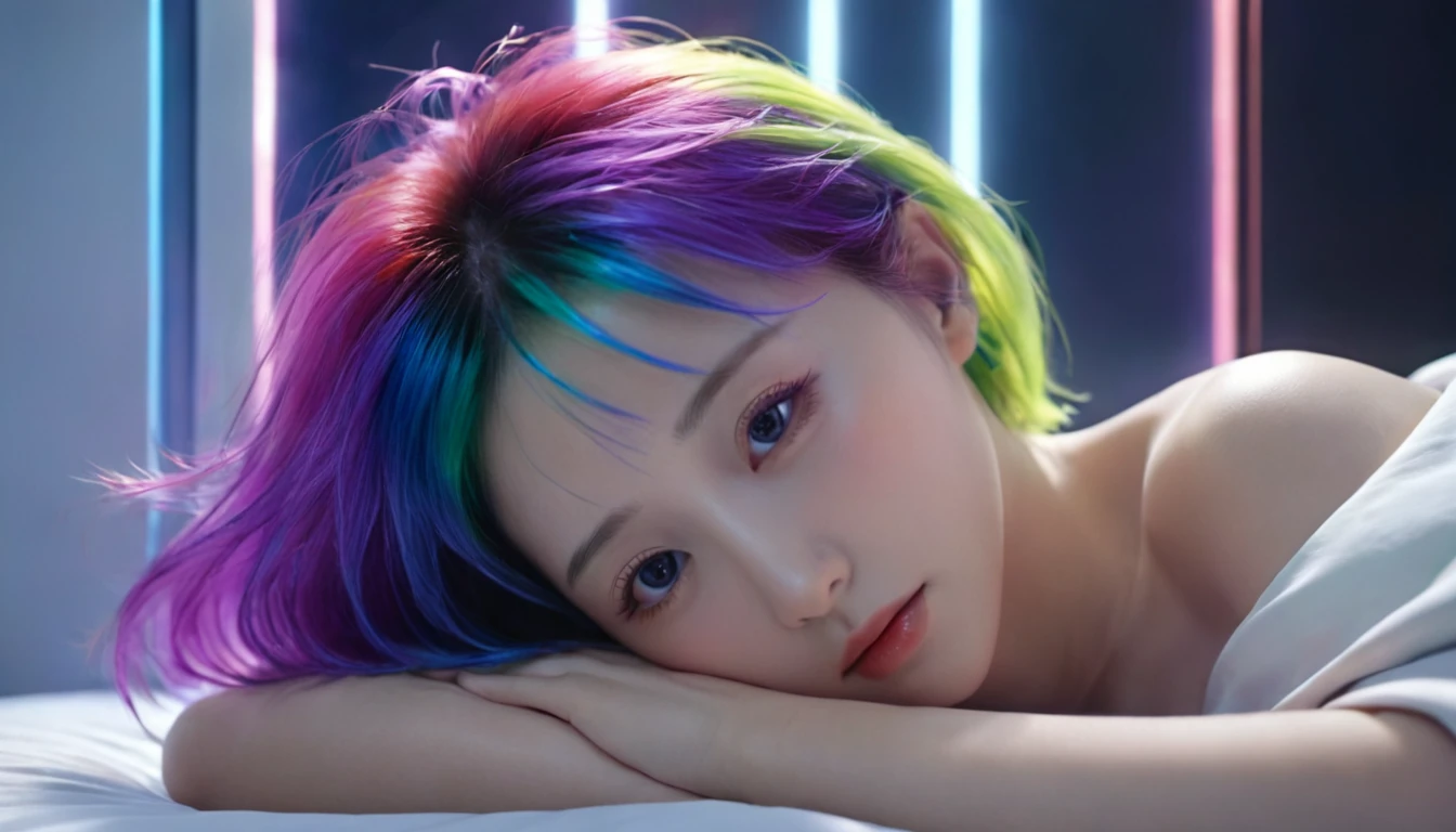 (Highest quality,8k,Very detailed:1.2),(CG,CG Art,3D Rendering),(masterpiece:1.2)，Sexy Costumes，(Light,Futuristic),(A 20-year-old woman lying on her back in bed with her eyes closed,sleep,close your eyes),(There is a small window behind her,The night view can be seen from the window、quiet night),(Colorful Hair:1.5)
