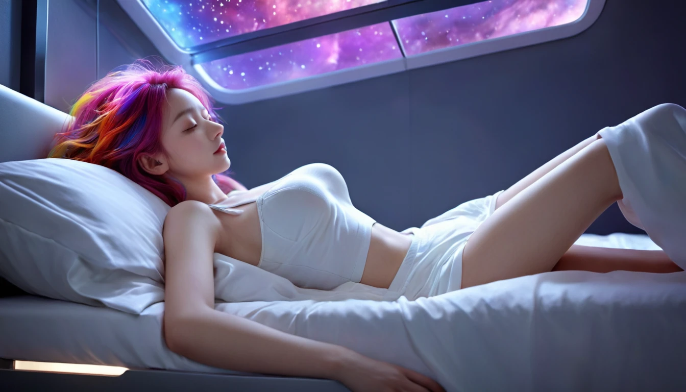 (Highest quality,8k,Very detailed:1.2),(CG,CG Art,3D Rendering),(masterpiece:1.2),Sexy Costumes,(Light,Futuristic),(A 20-year-old woman lying on her back in bed with her eyes closed,sleep,close your eyes),(There is a small window behind her,The night view can be seen from the window、quiet night),(Colorful Hair:1.5)
