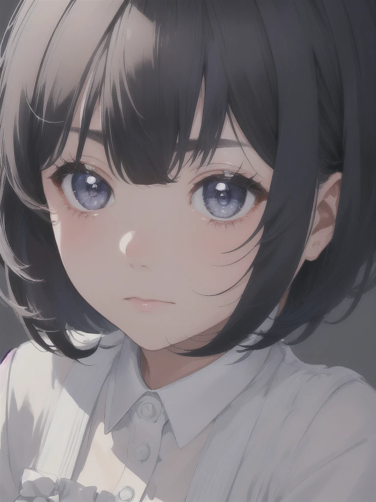 masterpiece, best quality, ultra-detailed, illustration, close-up, straight on, emotionless face, female, fluffy short dark blue hair, black eyes, fluffy short hair, wearing a office suit, a 22 years old girl, blank background, hide hands.