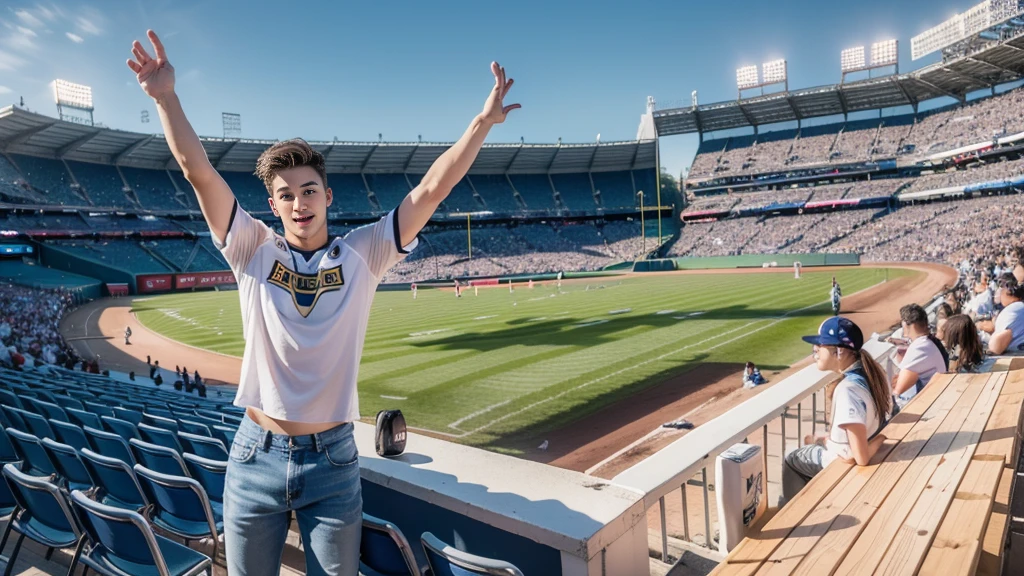 A Swedish man，(19 years old)，Raise your hands，White short-sleeved top，jeans,（CANON EOS R5 C），Elated，(best quality,4K,8K,high resolution,masterpiece:1.2),Extremely detailed,(Practical,Reality,Photo-real:1.37),Background is ((Stand in the audience)) stadium,Background is NFL 比赛场地,the audience was very large，（be booked up），very excited,author：Jacob Goldman,Bright Lights.,Warm atmosphere，