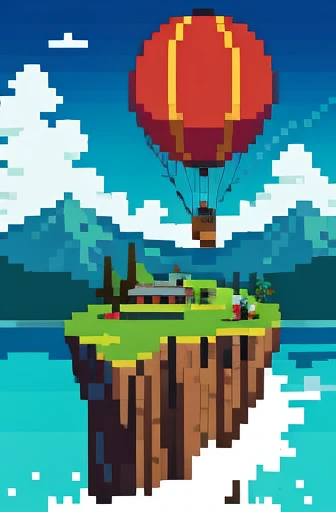 a beautiful detailed island in the distance, hot air balloon in the foreground, person dangling from the gondola, person rescuing them, cinematic lighting, dramatic clouds, vibrant colors, highly detailed, 8k, photorealistic, professional digital art
