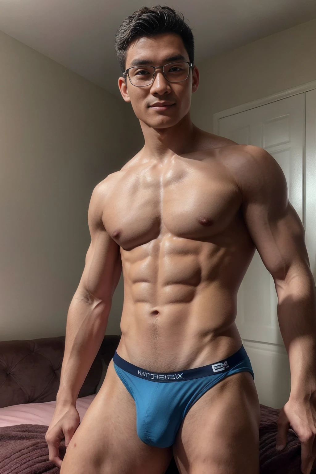 boy, (Black Eyes), happy smile,Thai boy,,Wear glasses,man hot nerd,young, firm body, slender, skinny boy body build build, child-like,WTeenage boy,Closephoto,full body photo ,RAW Photo,photo of a hansome man,alpha male, huge biceps, ripped abs,((face and upper body focus:1.3)), (masculine:1.4), (romantic lighting:1.3), (sexy pose:1.2),(muscu:1.5),(black hair:1.5 ),(Skin Wrinkles:1.5),(full body portrait:1.5),(skin glow:0.5),arafenager boy male, cute face l face, posing on a bed, prefect body, sporty physique, blue undergarments, model with attractive body, attractive sporty physique, smooth body features, mid-shot of a hunky, attractive body, photorealistic perfect body, beautiful handsome body, smooth blue skin, sexy masculine, perfect and proportio body, wearing blue colors micro thong with medium bulge,pale skin, skinny, good lighting, very pale skin, light skin, model with attractive body,medium bulge and medium butts,(Best quality, 8k, Masterpiece). HDetail , superior quality, natural lighting, beautiful, sexy, correct anatomy, good composition,realic shapes, realistic skin tones,Natural eyes,realistic eyes,looking up at viewer,vpl,realistic muscles,Realistic wrinkles on the skin,Realistic arms and legs,Realistic face,realistic hair,Make a sexy and seductive face, Clear Focus: 1.2, Perf Body virile: 1.4 , Slender Abs: 1.2, Highly detailed face and skin texture, detailed eyes, double eyelids, big upper lip, man focus,amazing composition, front view, HDR, volumetric lighting, ultra quality, elegant,Post a erotic photoshoot,Realistic pose,detailed hair,ful,Fujifilm XT3 photorealistic art by midjourney