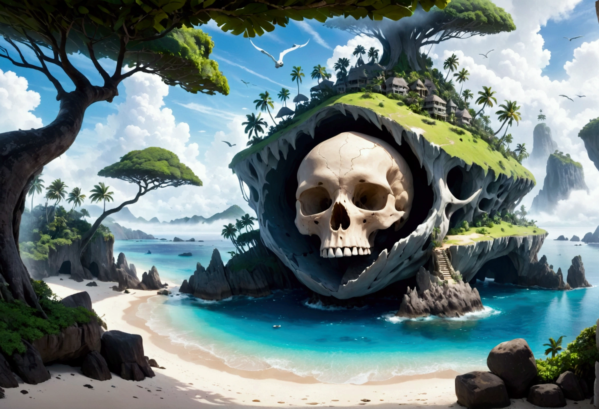 A tropical island, a gigantic human skull shaped cave opens up to the ocean, strange trees and animals grow on the island, fog hangs thin over the isle