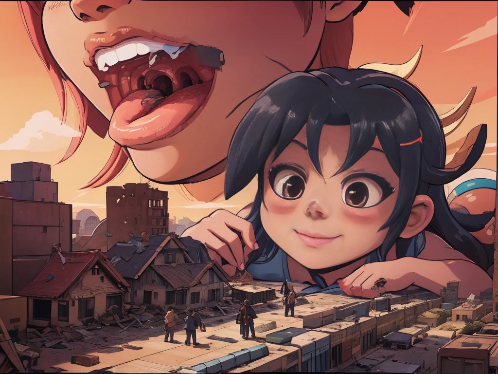 Tokyoのビル街、giantess eating tiny people,vore illustrate,smile、迫力のあるLow - Angle、小さなUrban areaにうつ伏せになる、Adult women、anime、エロanime、変態anime、nude、Sunset、blush、Black Hair、steam、Urban area、Tokyo、Woman looking down on a dwarf、Low - Angle、View from the main street、Horror、Woman destroying a small metropolis、rubble、Collapsed small buildings、A small abandoned village、Small residents fleeing、A woman who enjoys destruction