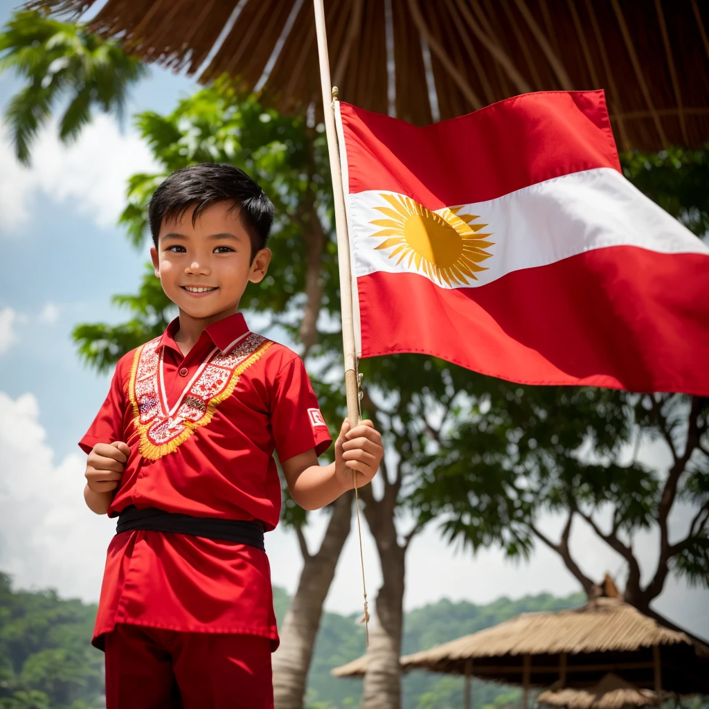 Create a vivid and heartwarming image of a young boy holding the Indonesian flag. The boy is around , with short black hair and a bright, innocent smile on his face. He is wearing a traditional Indonesian outfit, complete with a batik shirt and comfortable, loose pants. The boy stands proudly, holding the red and white flag of Indonesia high above his head with both hands. The flag flutters gracefully in the wind, showcasing its vibrant colors.