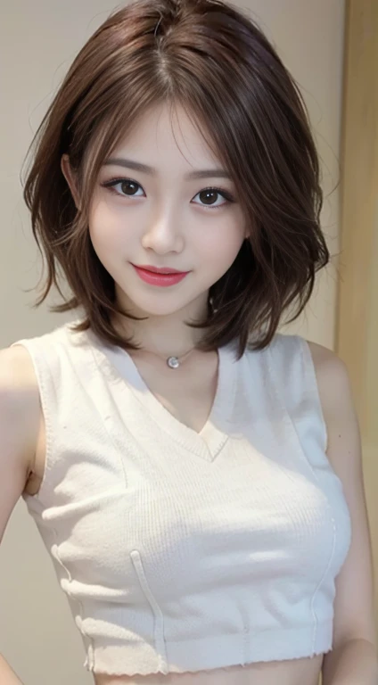 blush a little and smile, (Top quality masterpiece:1.2) Delicate illustrations, Very detailed, /Beautiful Japanese Women、1 person,Very cute and slim、Great style 、((8k images、super high quality))、Very delicate face, Skin and Hair、Big Breasts、beautifule forehead、Red lipstick、(((((short hair、Light brown hair、lure))))),Very cute Japanese cut face、Eyes and nose are clearly visible、Kind eyes,((((White sleeveless fashion))))
