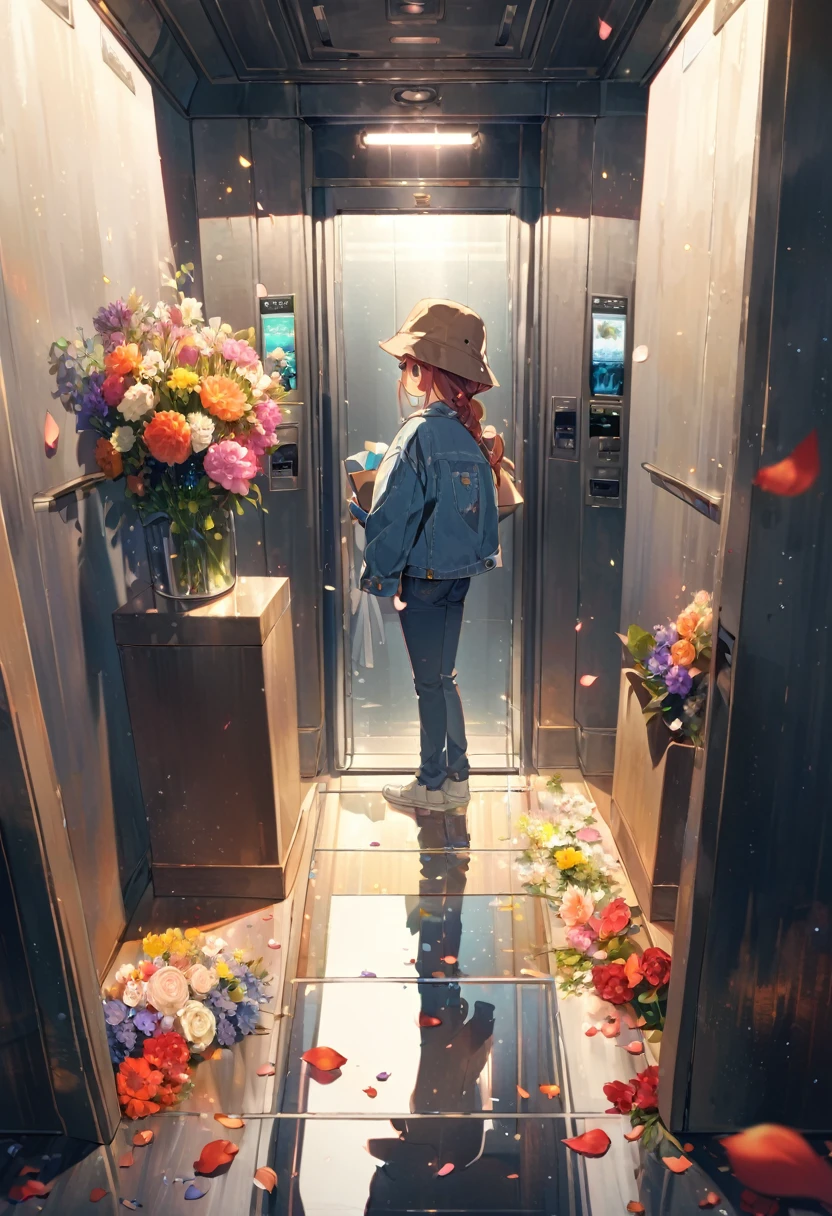Elevator, metal wall, mirror, flowers, person, denim jacket, denim pants, colorful bucket hat, smartphone, bouquet, brown paper, metal wall, mirror surface, petals, stems, denim texture, soft paper texture, central placement, foreground flowers, reflection effect, indoors, artificial light, high resolution, colorful tones, directed by Hayao Miyazaki, a Studio Ghibli film
