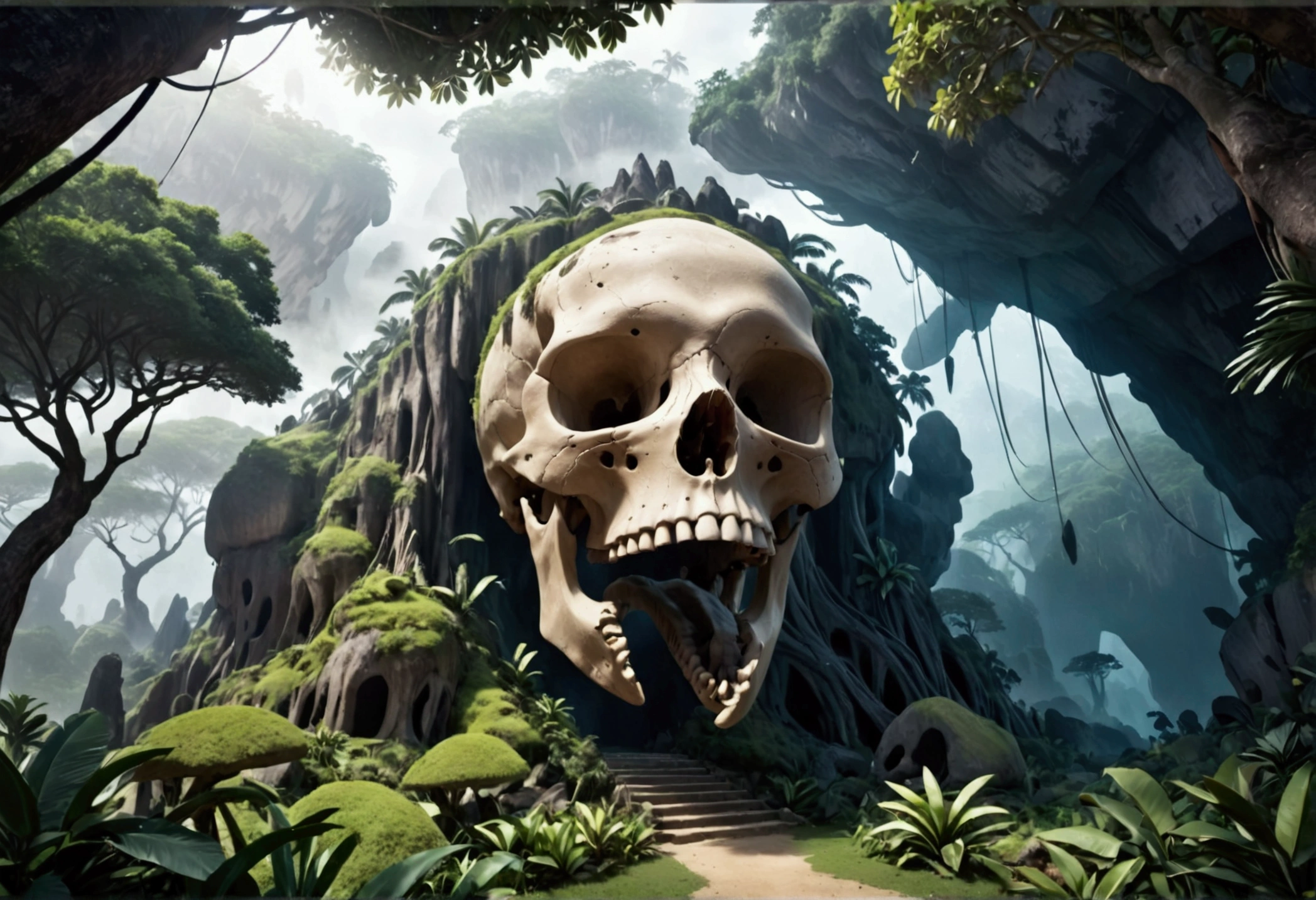 a tropical island, a gigantic human skull shaped cave, strange trees and animals, fog, (best quality,4k,8k,highres,masterpiece:1.2),ultra-detailed,(realistic,photorealistic,photo-realistic:1.37),detailed rock formations,lush vegetation,mysterious atmosphere,dramatic lighting,dramatic landscape,cinematic composition,moody colors,dark fantasy,surreal,epic scale