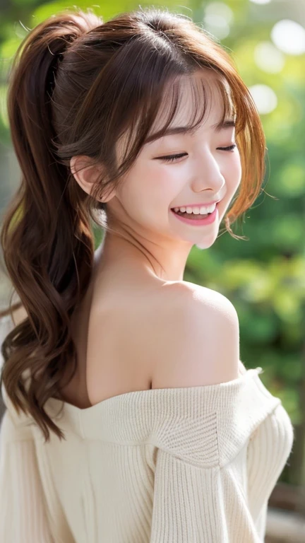 close your eyes、With a big smile。Her cheeks were slightly red.、Mouth open and smiling happily。Her expression shows pure joy and happiness.。
