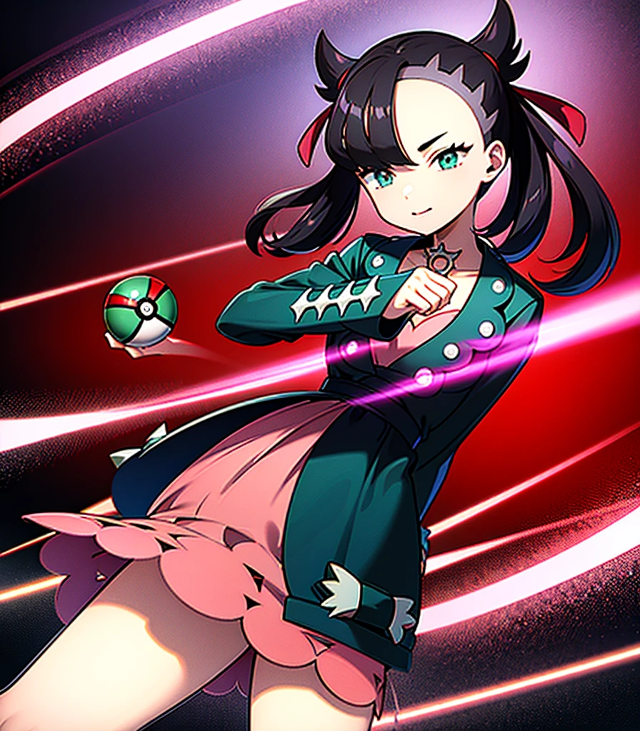 masterpiece, Highest quality, High resolution, Marnie, Aqua Eye, Black choker, Red ribbon, Pink Dress, jewelry, Black jacket, Open clothes, Long sleeve, Cowboy Shot, Are standing, forest, holding Pokéball, Pokéball \(Basic\), smile, Open your mouth,Background is wood々が生い茂るforestです.:1.2,Draw a person in the center of the screen,Depict the top of your head,{{{Perfect hand shape:1.2}}},marnie