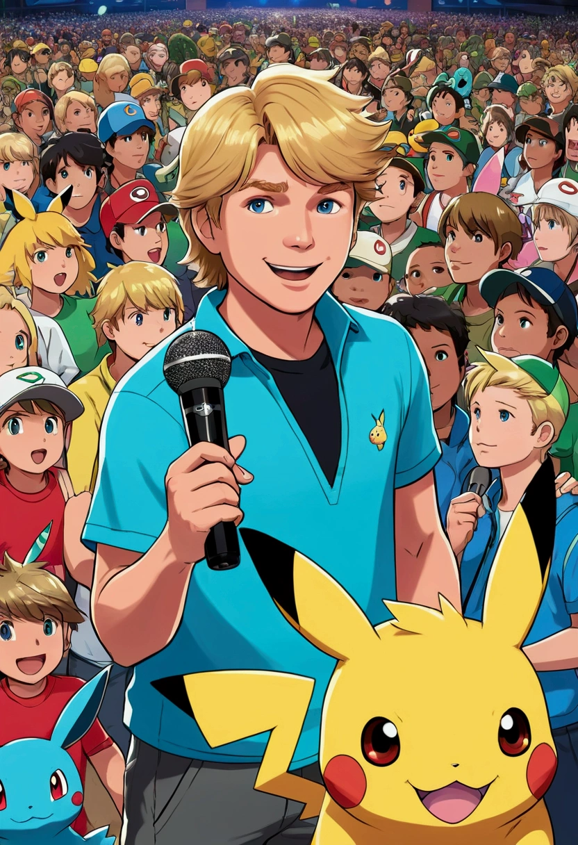 Steve irwin, 1 boy, male focus, blonde hair, holding, holding a microphone speaking to a crowd, Pikachu, Vaporeon, Jolteon and Bulbasaur are on his shoulders, in a Pokemon Gym, specular highlights, detailed face, detailed eyes,