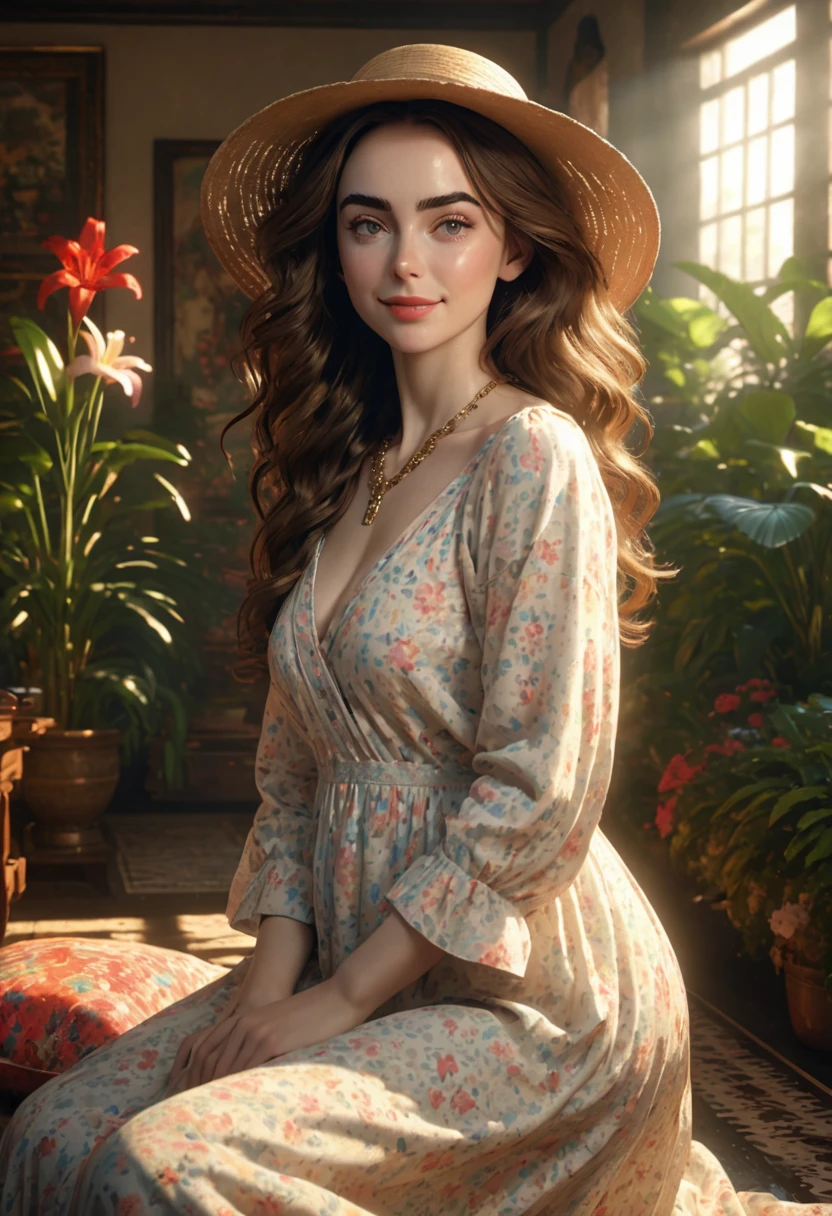 A beautful jewish women with a luscious thick bushy, course unibrow and cute nose. ultra Thick, coaurse, intense, curly, frizzy, long brown hair. Hair that clogs a drain after one shower. Hair you find on pillows and in corners of the room and in your refrigerator six months after the head from which it grew last visited. Hair that could not be straightened even if you had four hours and three hairdressers double-fisting blow driers. Hair that screams: Jew. Boho dress and hat, luxurious long dress、hat. curvy hourglass figure. Ultra HD, the symmetrical face, photorealistic photography, path tracing, specular lighting, and volumetric face light enhance the details. Epic lighting, striking silhouette. crucifix necklace. The symmetrical face, photorealistic photography, path tracing, specular lighting, and volumetric face light enhance the details. The scene is captured in maximum quality, masterpiece, 8K high resolution, and top quality. merge of Lilly Collins and Lilly James. sexy pose, intoxicating smile. crimson lips. in a garden, boho dress, bushy hair
