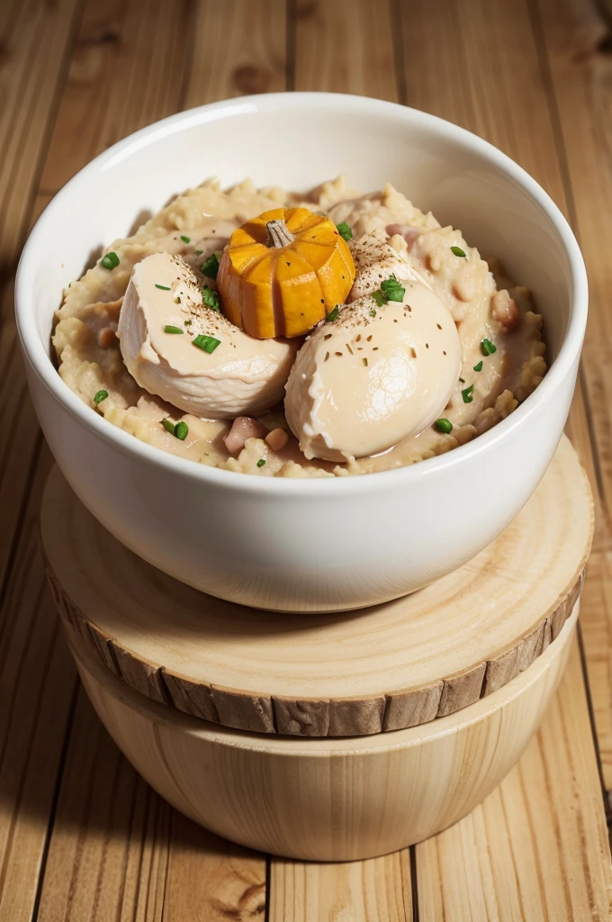 Cat food bowl with mashed boiled chicken and mashed boiled pumpkin, natural food for cats, 4k, high quality