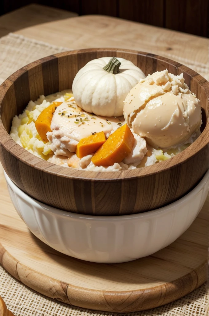 Cat food bowl with mashed boiled chicken and mashed boiled pumpkin, natural food for cats, 4k, high quality