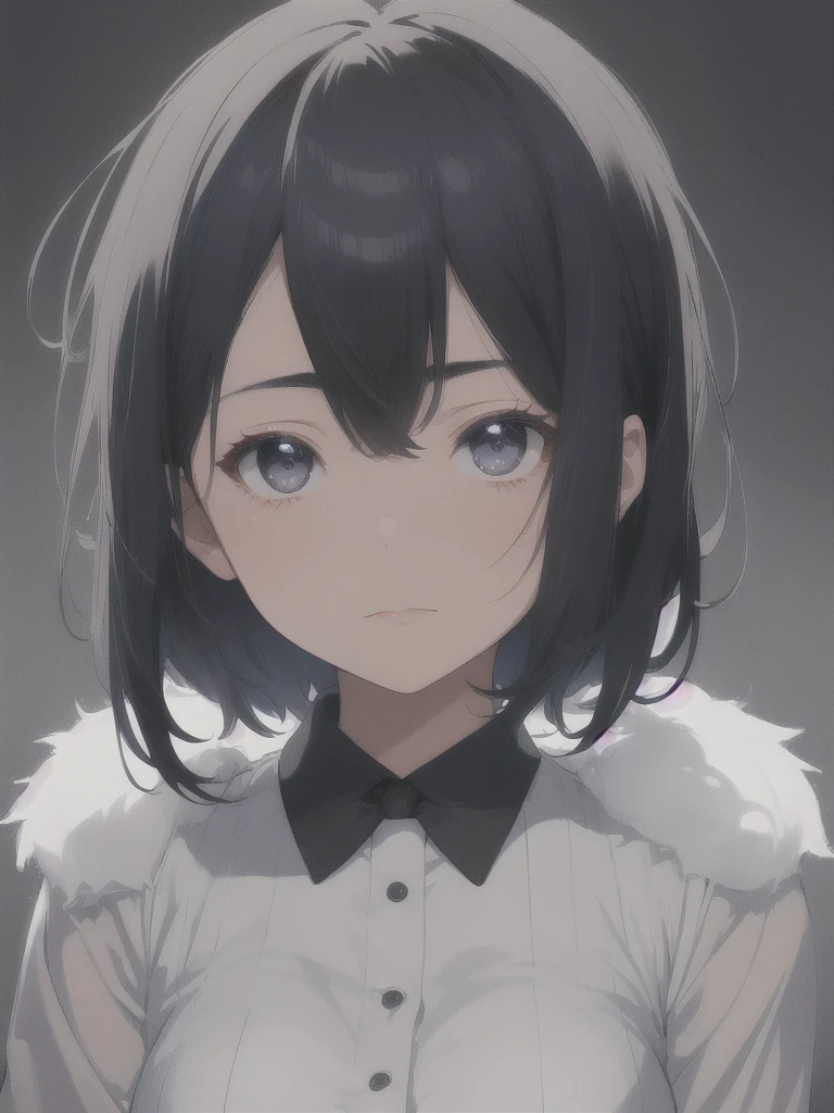 masterpiece, best quality, ultra-detailed, illustration, straight on, emotionless face, female, fluffy short dark blue hair, black eyes, fluffy short hair, wearing a office suit, a 22 years old girl, blank background, hide hands.