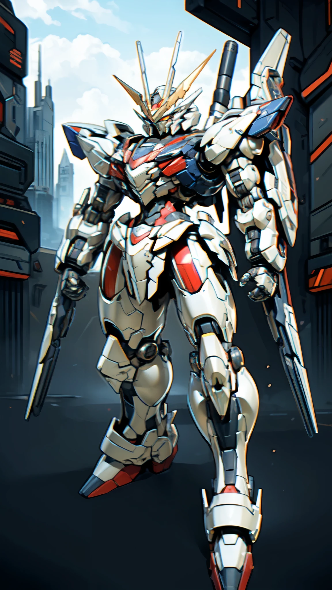 (masterpiece:1.5, best quality:1.5, extremely delicate:1.5), humanoid Mecha, fully enclosed shoulder guards, matching arm and leg guards, full body, full armor, the design balances heavy with agility, (the color scheme is primarily white with red and blue accents, the concept Inspired by Super robot, organic biotech armor, standing, floating high above the futuristic sci-fi city), exquisite and mature art style, (aura effect, energy, glowing eyes, the armor glows), ((RRS:1.2)), metallic, dramatic, high definition, highres, ultra-detailed, ultra-fine painting, professional, perfect body proportions, anatomically correct, symmetrical face, extremely detailed eyes and face, high quality eyes, creativity, RAW photo, UHD, 32k, Natural light, cinematic lighting, masterpiece-anatomy-perfect