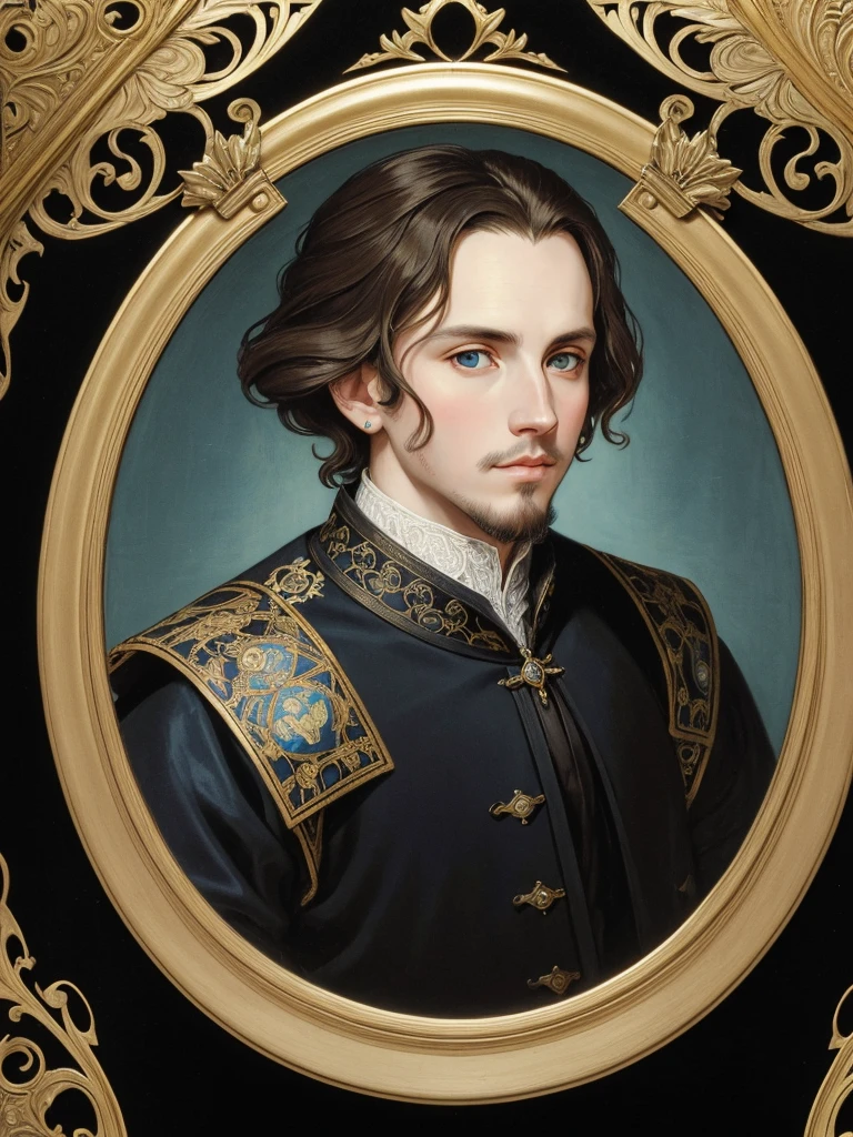 Portrait of Christopher Marlowe, white skin, piercing icy blue eyes, silky golden-brown hair, refined features, charp jawline, clean shaved, black Elizabethan era velvet jerkin, Shakespearen black velvet doublet, embroidered with gold, white laced shirt, Art Nouveau style, Mucha style, Mucha background, realism, high quality