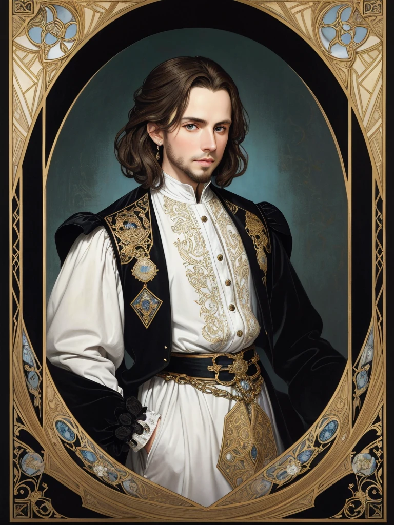 Portrait of Christopher Marlowe, white skin, piercing icy blue eyes, silky golden-brown hair, refined features, charp jawline, clean shaved, black Elizabethan era velvet jerkin, Shakespearen black velvet doublet, embroidered with gold, white laced shirt, Art Nouveau style, Mucha style, Mucha background, realism, high quality